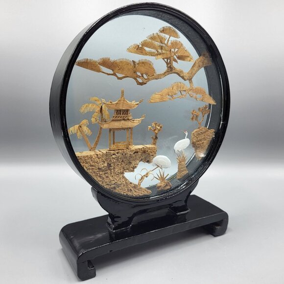 Vtg Chinese Hand Carved Cork Diorama Cranes Black Lacquer Art Stand 8.5" x 6.25" - Picture 2 of 13